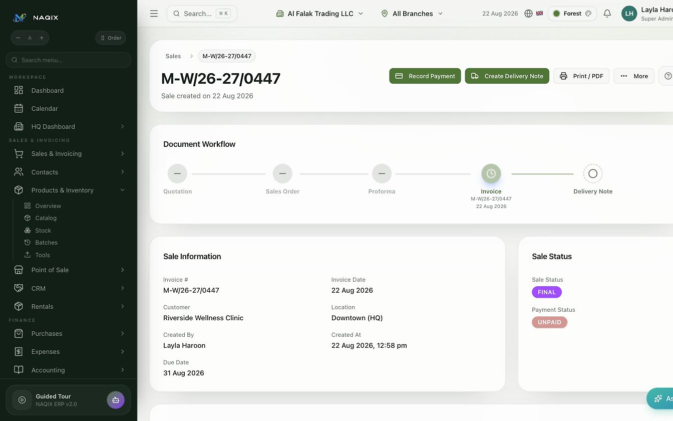 NAQIX sales & billing product screen